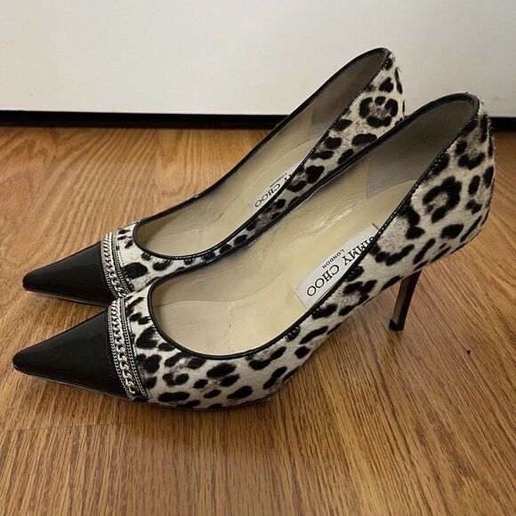 JIMMY CHOO Leopard Fur spotted Patent Point toe Pumps size 37.5 - Picture 2 of 11